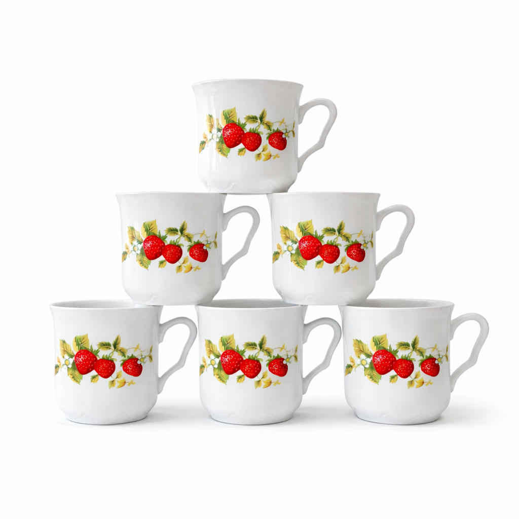 Porcelánová souprava 6 rovných hrníčků - dekor Jahody zdobené červenou linkou
