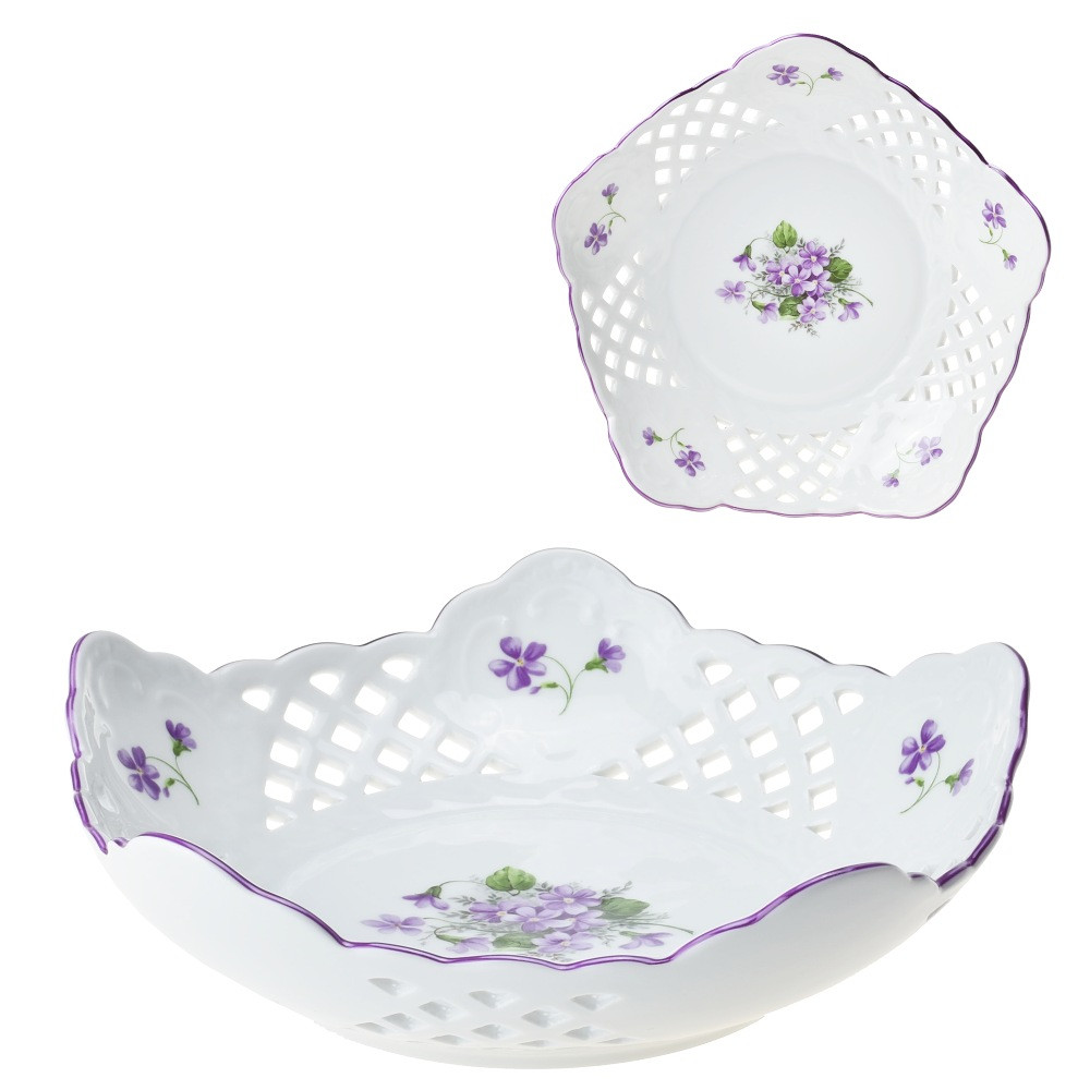 Mísa 5-ti hranná ručně prolamovaná 24 cm fialky - fialová linka